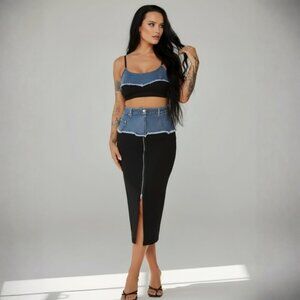 Fashion Nova ✦ Have It Both Ways Contrast Midi Skirt ✦ Black/Denim High-Waist S
